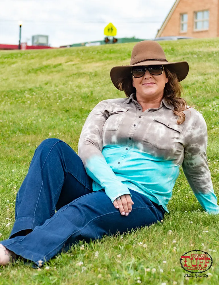 Cowgirl Tuff Brown & Turquoise Tie-Dye Faux Button Up