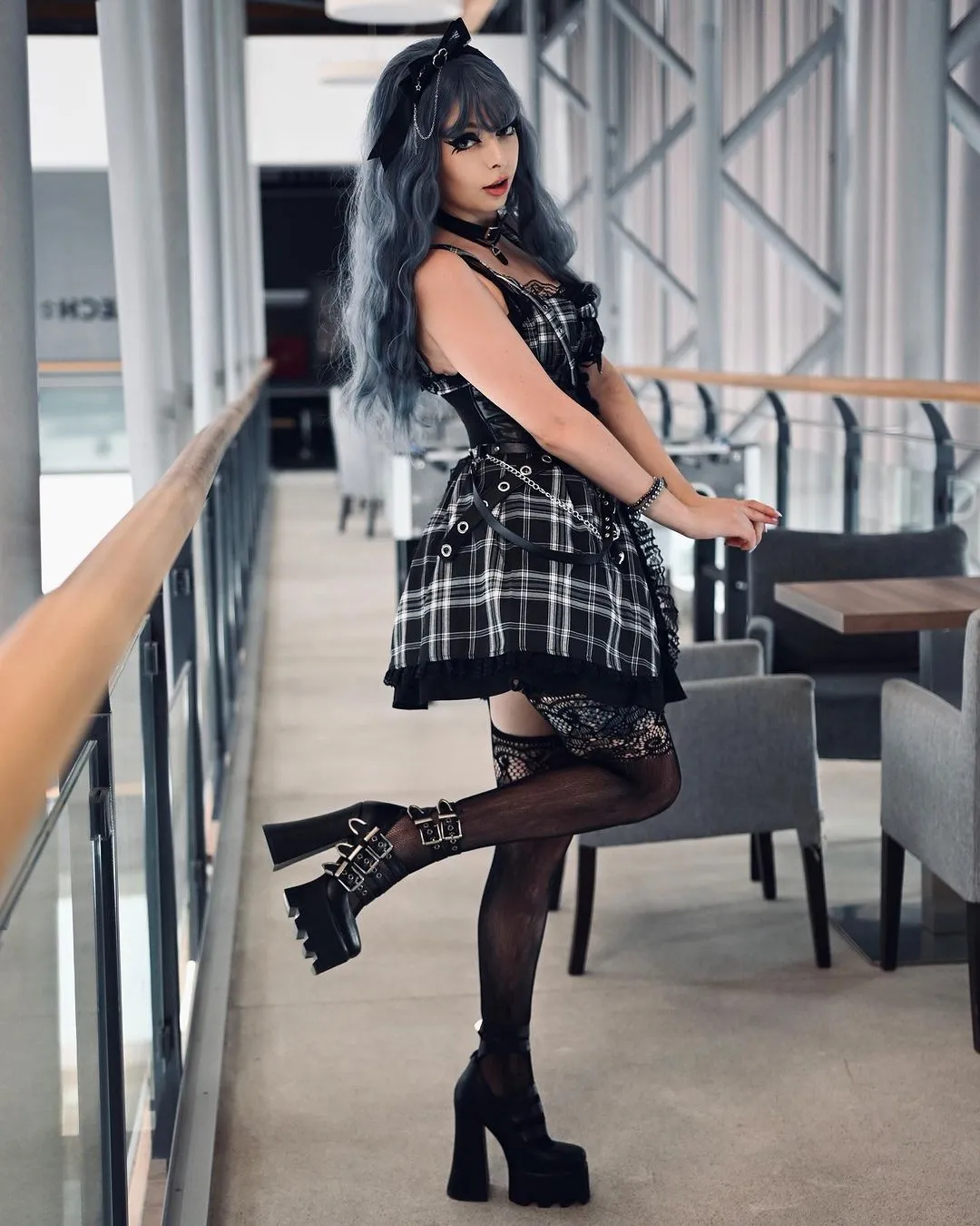 Dark Drawstring Lace Plaid Dress UB6248