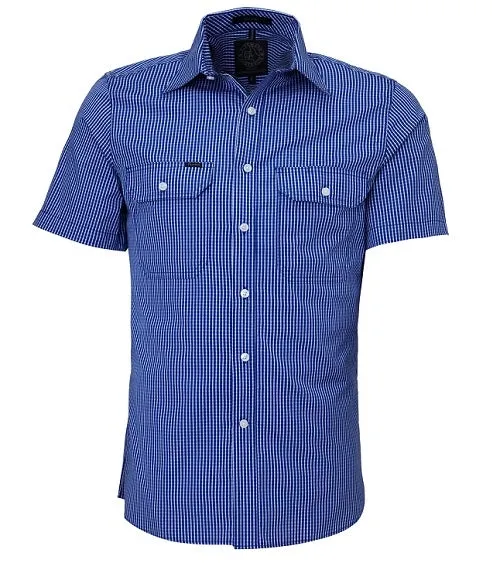 Ritemate Mens Double Pocket Short-Sleeve Shirt - Royal Blue Check