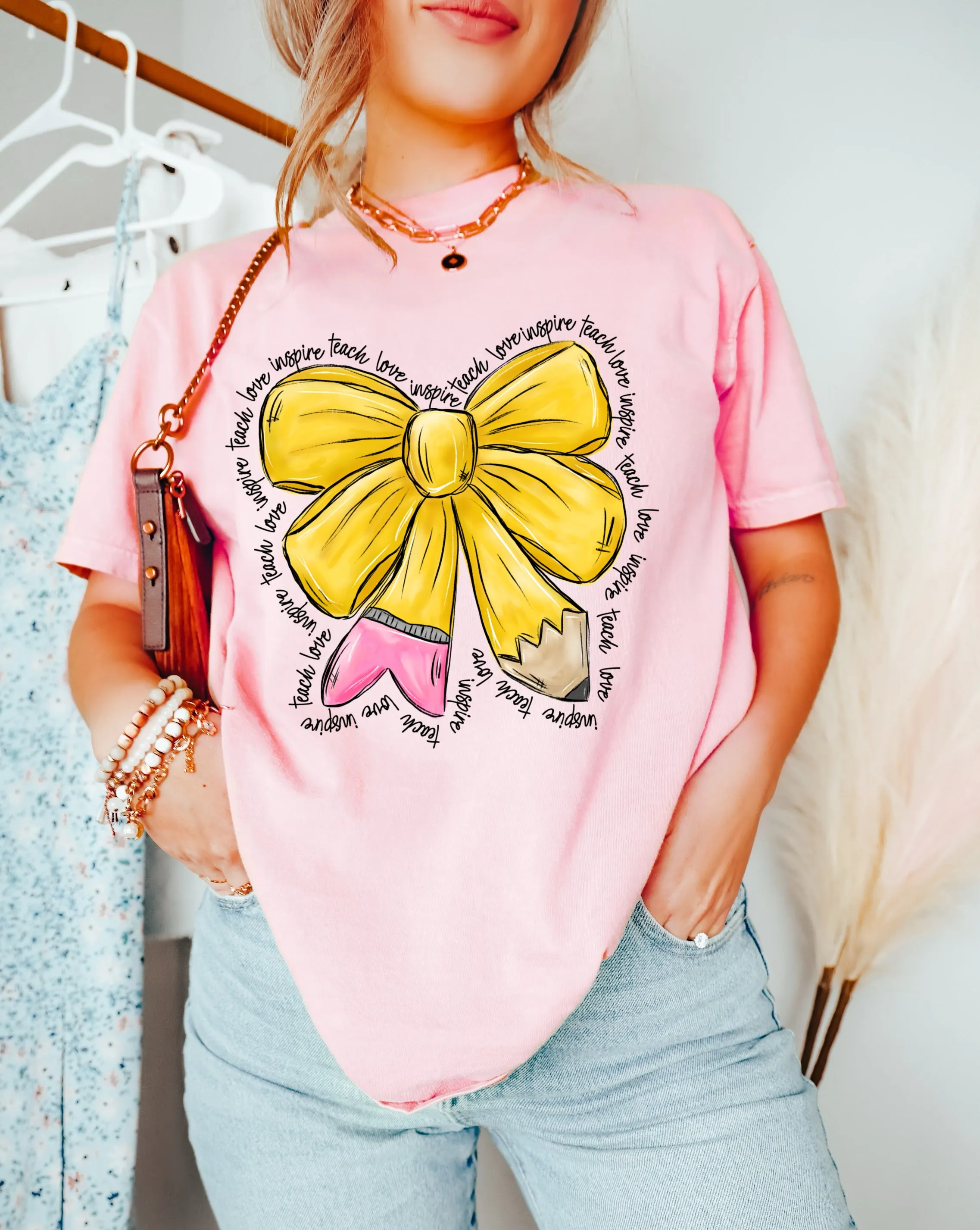 Teach Love Inspire Pencil Bow Teachers Shirt/ Comfort Colors or Bella Canvas Back To School Shirts